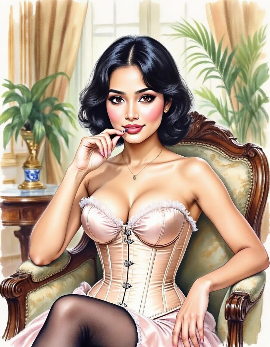 Pretty Indonesian Woman in Tropical Drawing Room as Watercol...