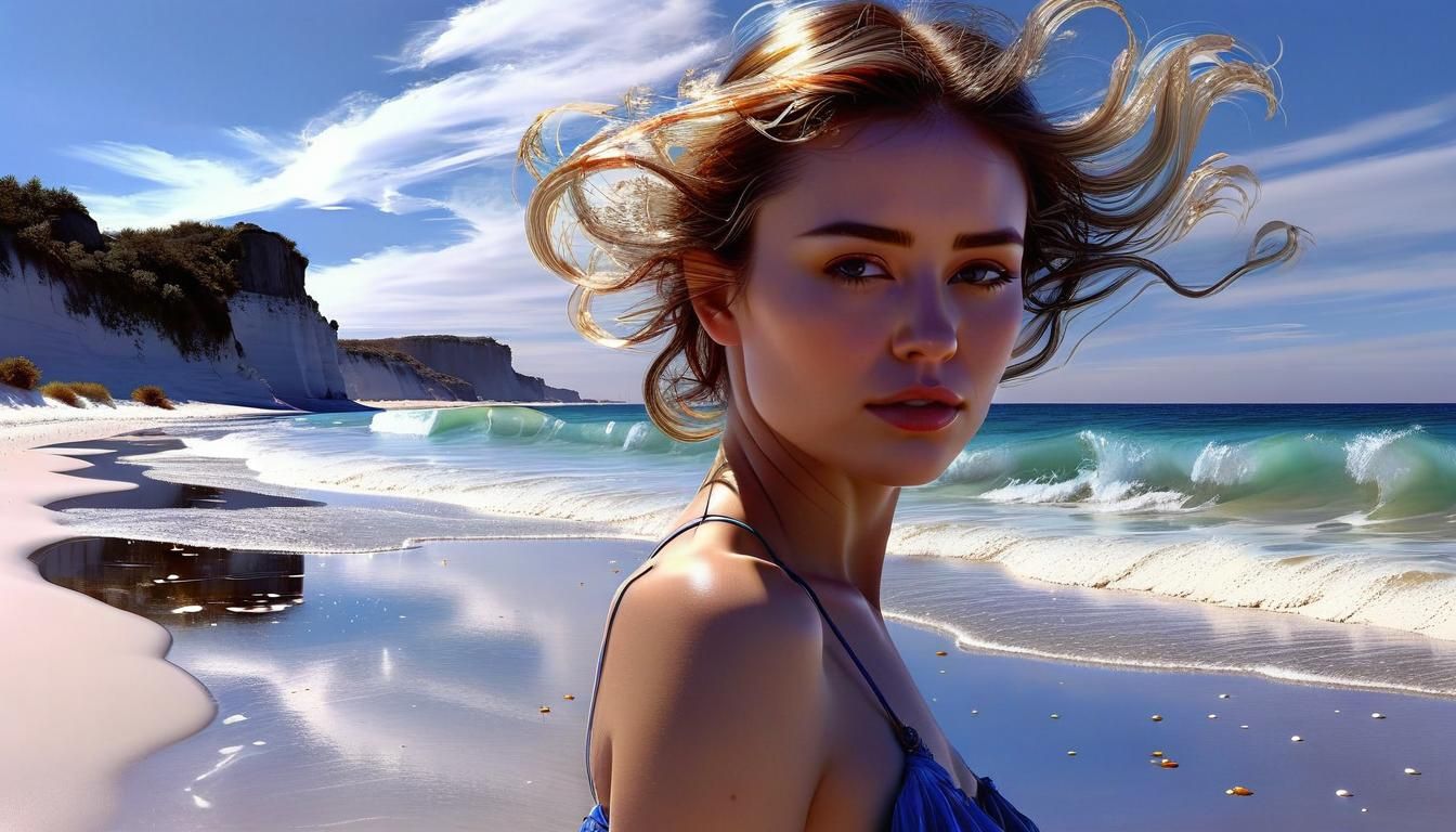 Watercolor Portrait of Woman on Beach in Photorealism