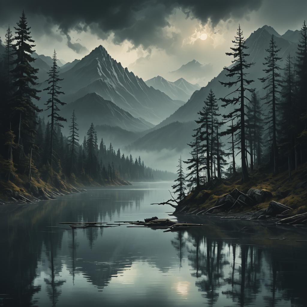 Surreal Dark Lake Surrounded by Mountains, Digital Painting