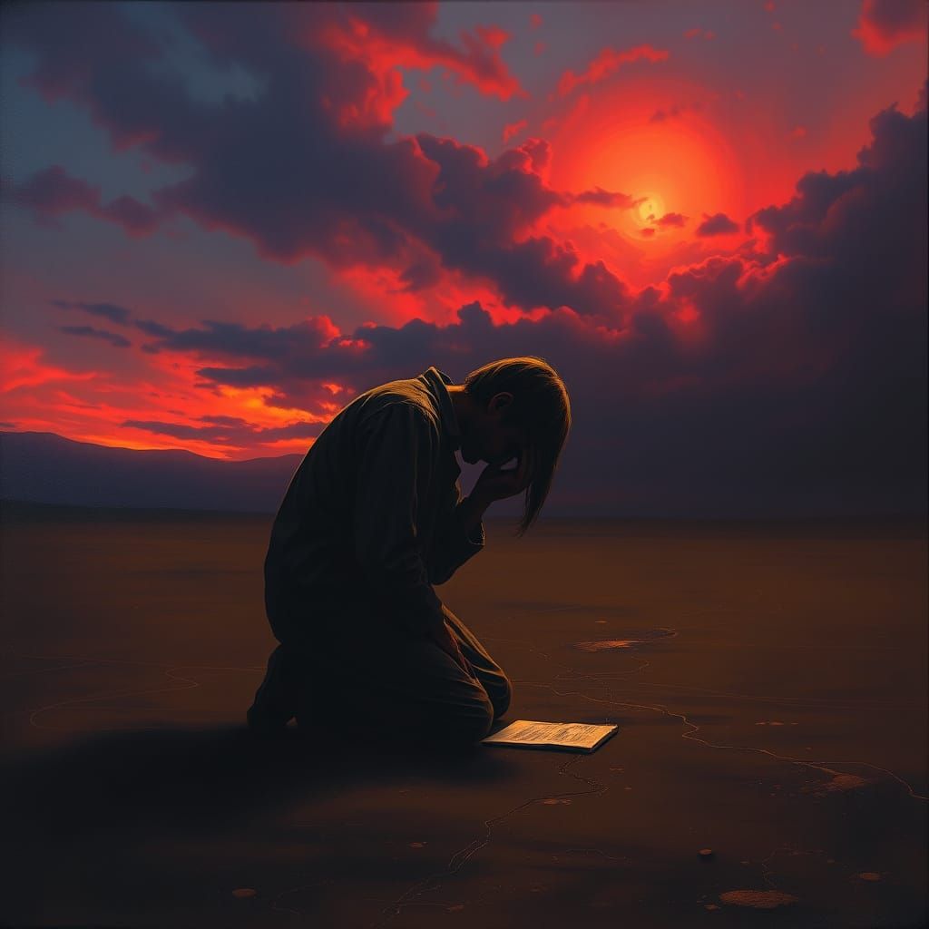 Supplicant on Desolate Plain Under Twilight Sky