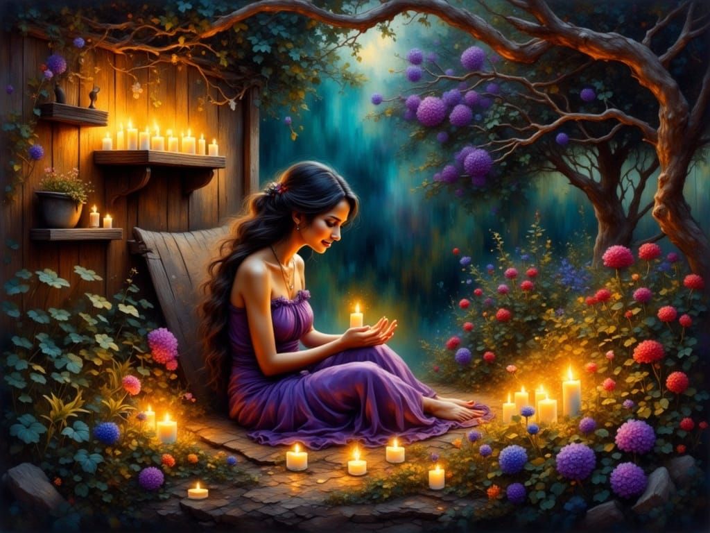 Whimsical Garden Scene with Candles in a Dreamy Oil Painting