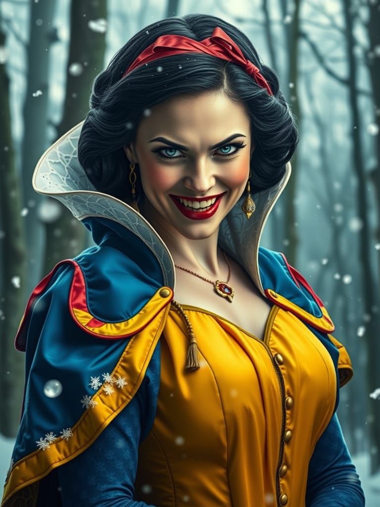 Snow White with Evil Smile in Winter Forest