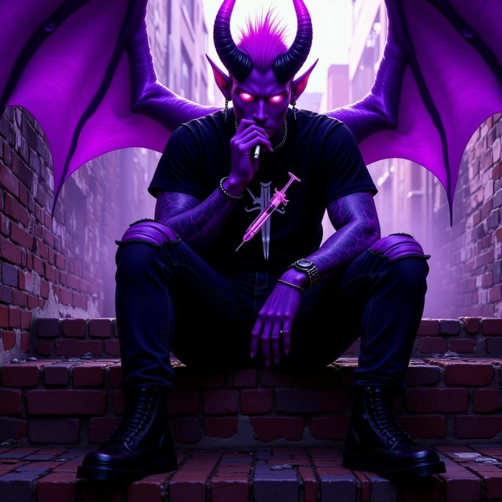 Punk Rock Demon with Neon Horns and Purple Skin