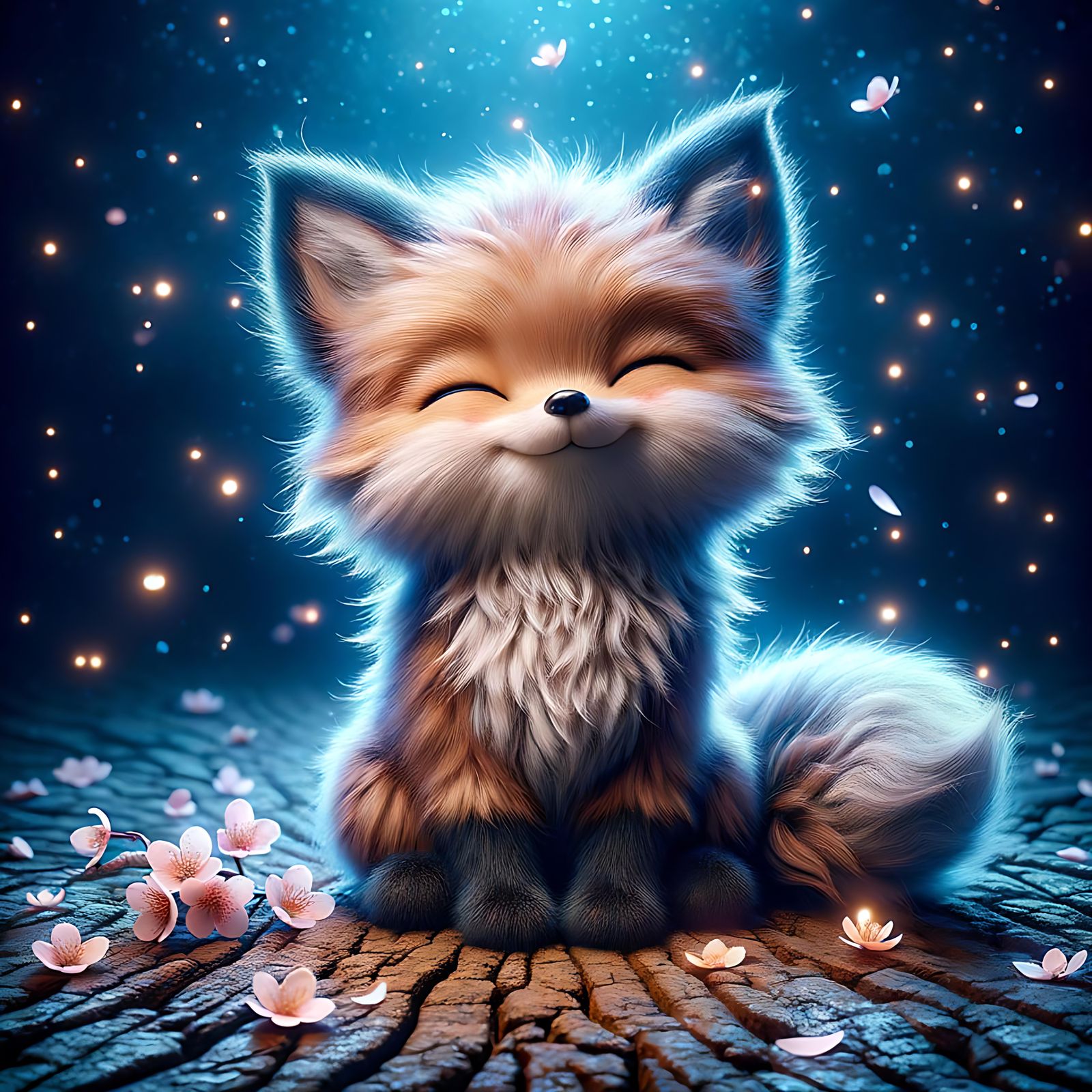 Adorable Fox with Fireflies in Blue Sakura Night