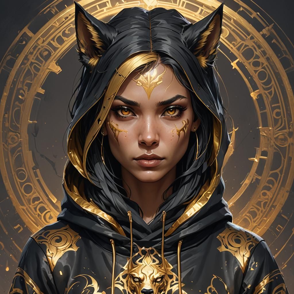 Hyperdetailed Hellhound Girl Portrait in Gold Hoodie