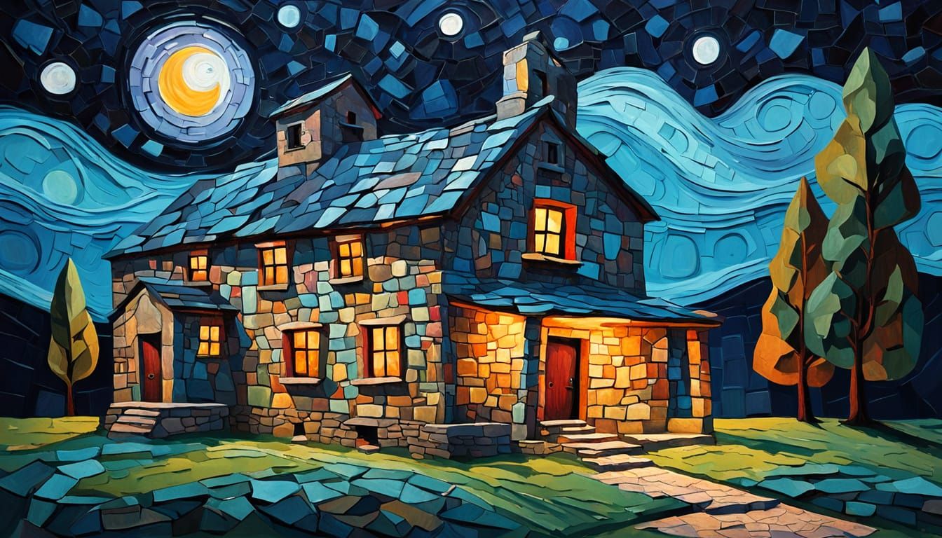 Impasto Cubist Farmhouse at Night