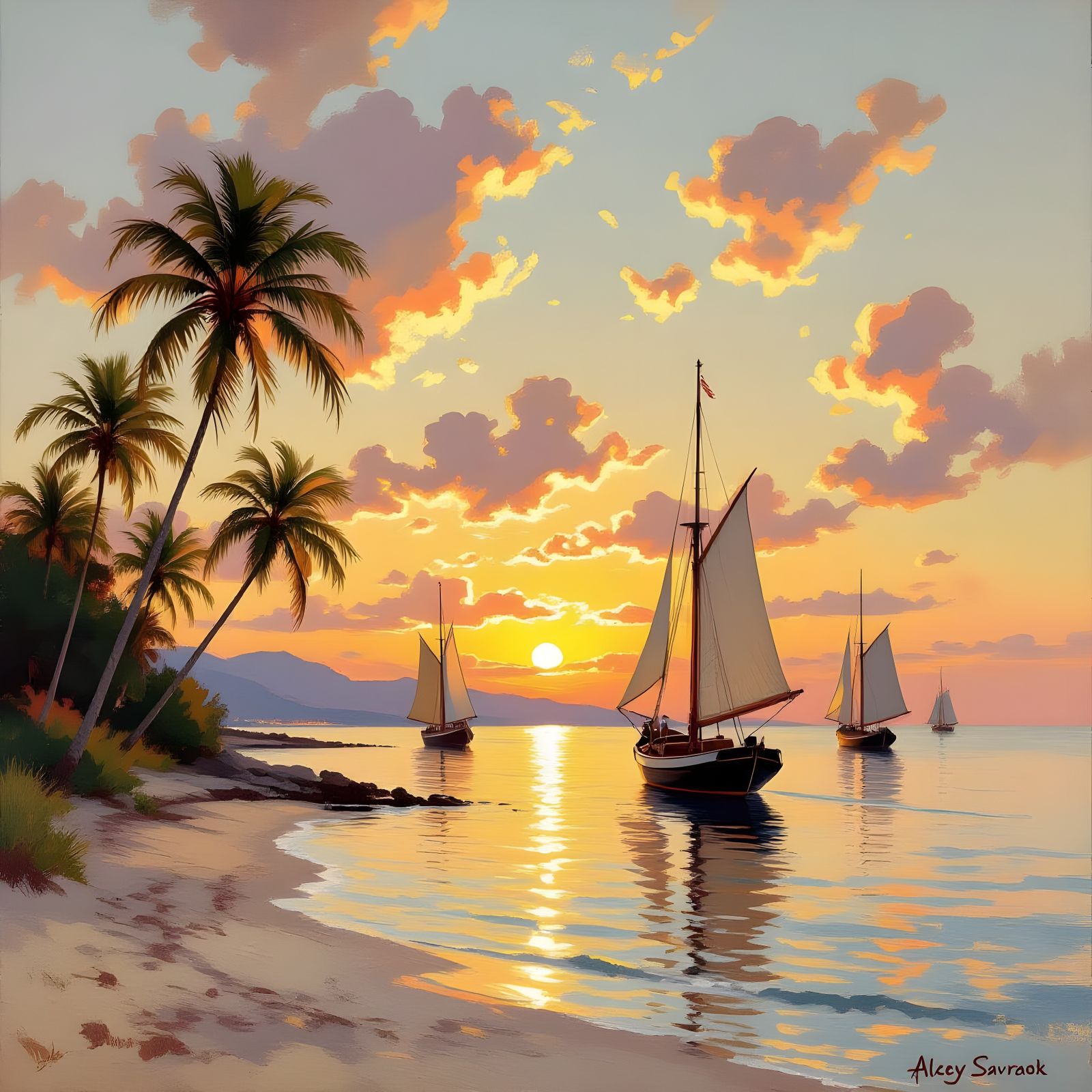 Vintage Sailing Ships at Sunset: An Impressionist Beach Scen...