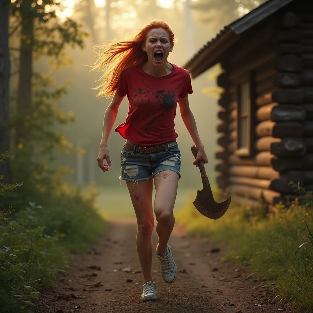 Fearful Redhead Woman Flees With Machete Near Log Cabin