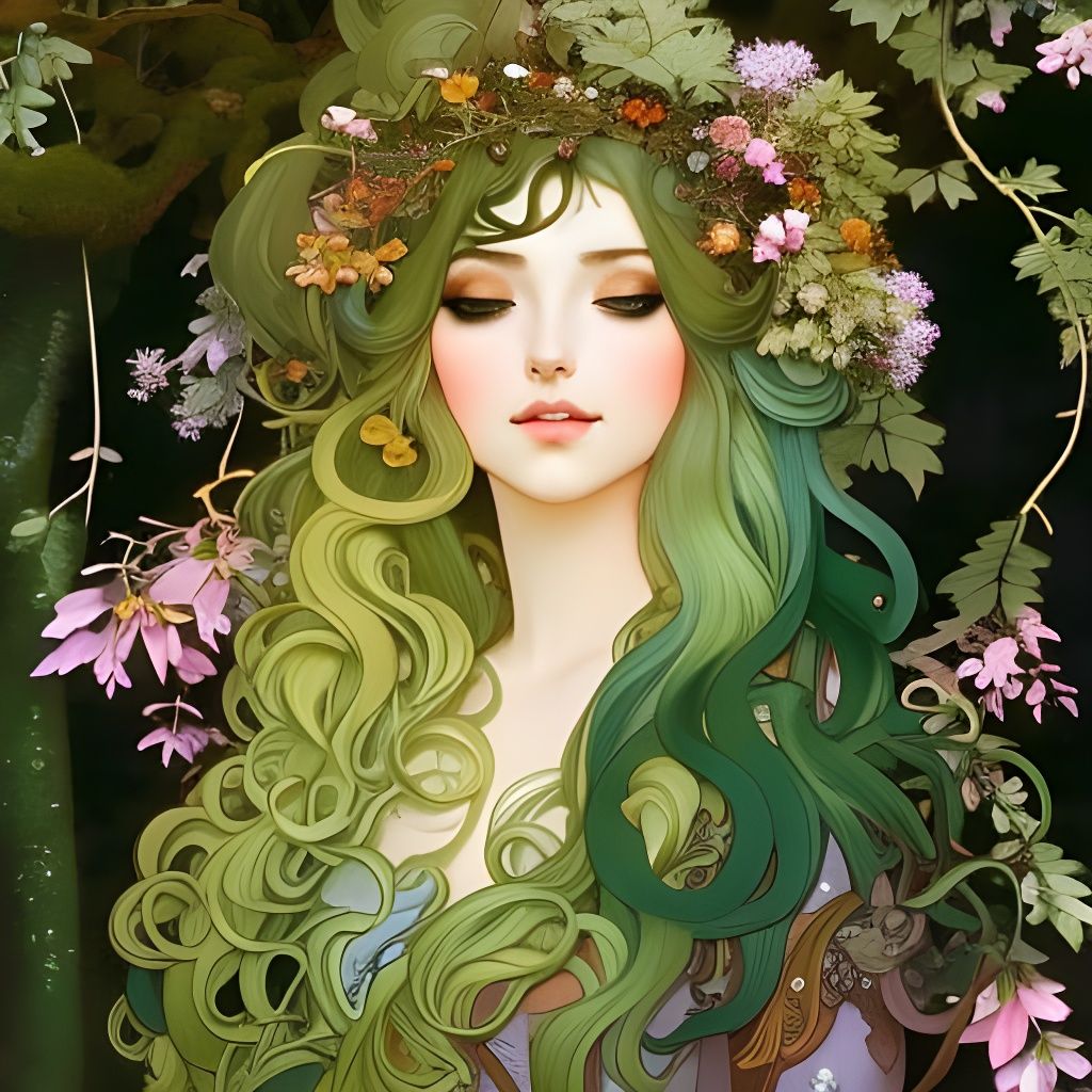 Forest Dryad with Ombre Hair, Mucha-Style Fantasy Art