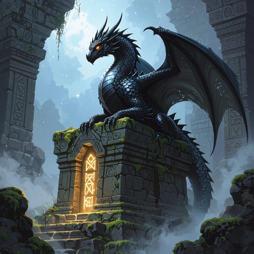 Ancient Obsidian Dragon on Ruined Temple