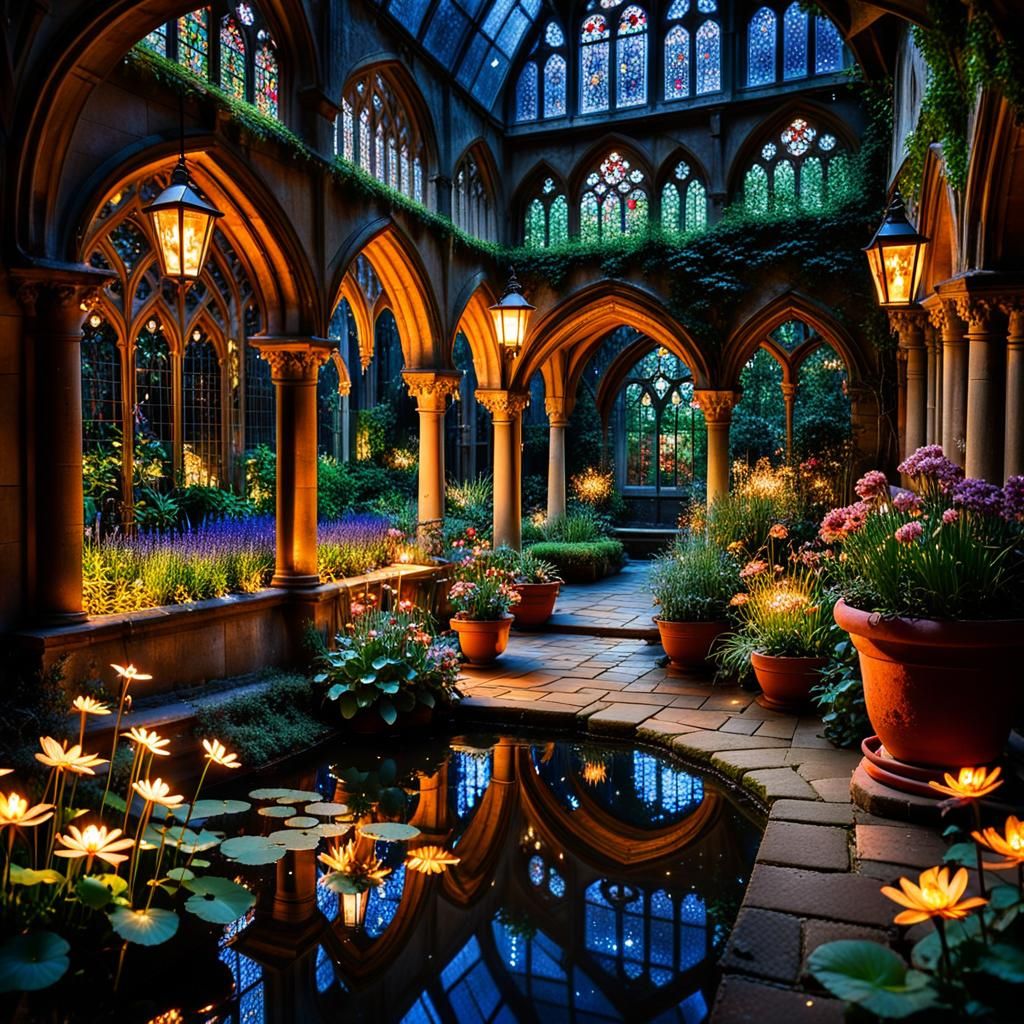 Enchanting Cloister Garden at Night with Fairy Lights