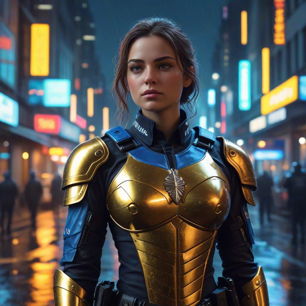 Fantasy Police Woman in Neon City - Vibrant Oil Painting