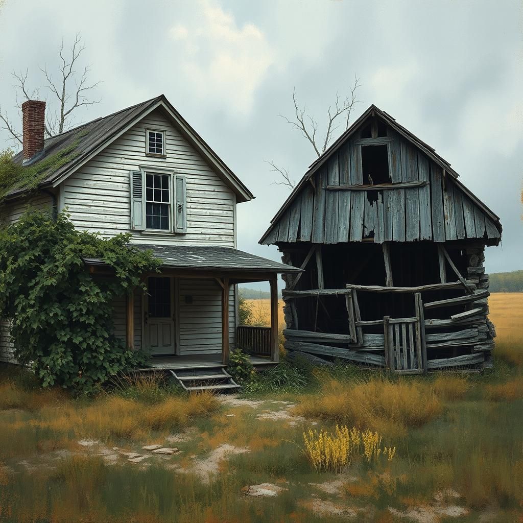 Decaying Farmhouse and Barn in Impressionist Style