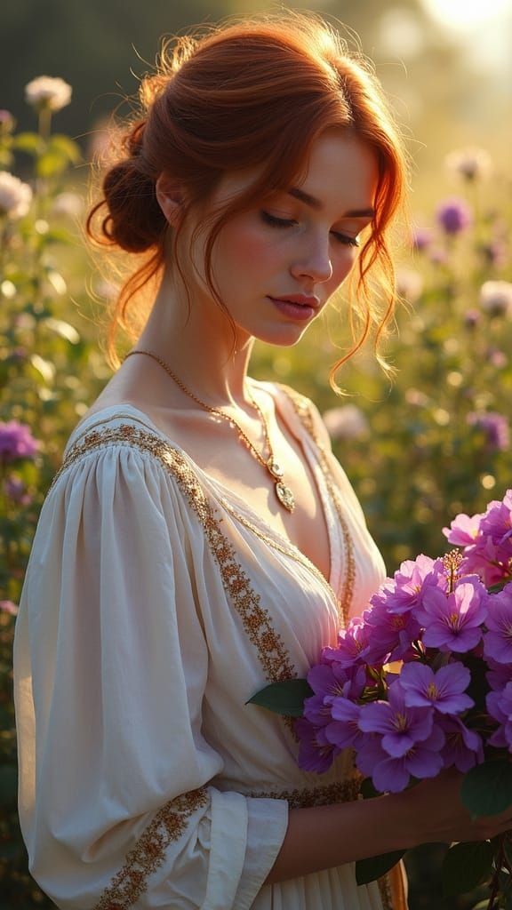 Woman in Field of Flowers as Oil Painting