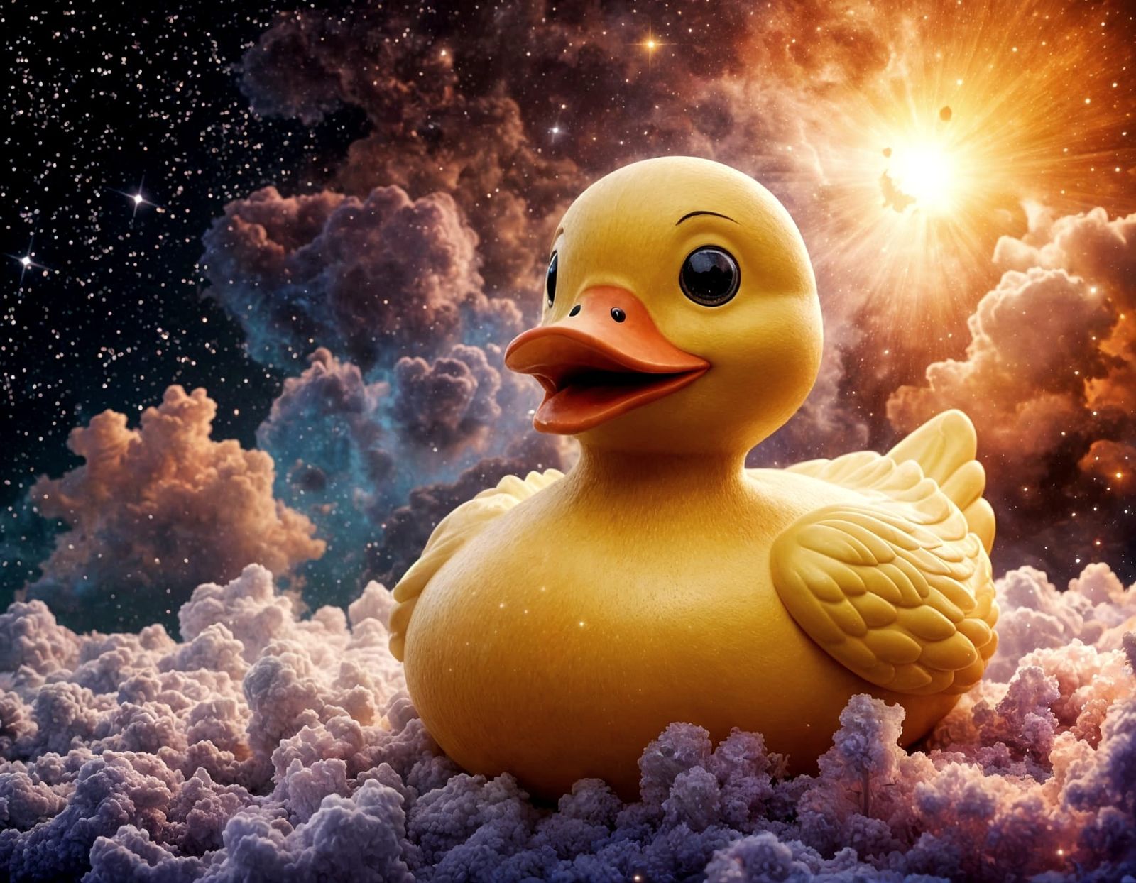 Glowing Yellow Rubber Duck in Vibrant Cosmic Scene