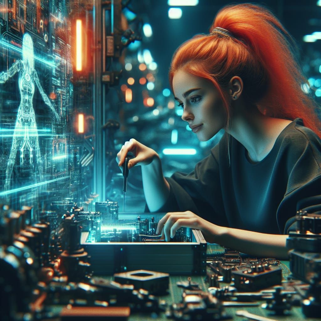 Cyberpunk Mechanist: Red-Haired Woman Amidst Technology
