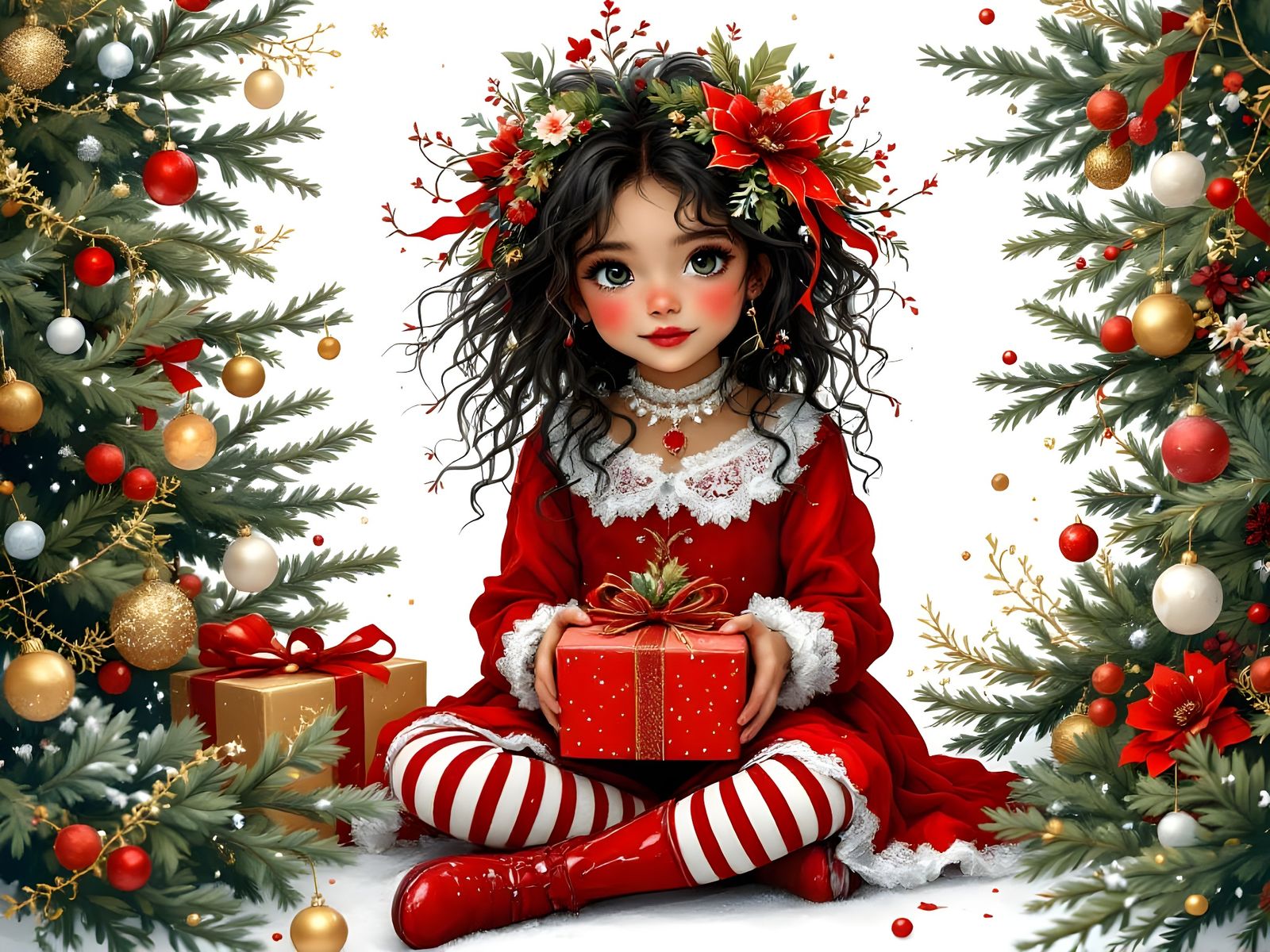 Girl with Christmas Tree Hair, Whimsical Digital Art