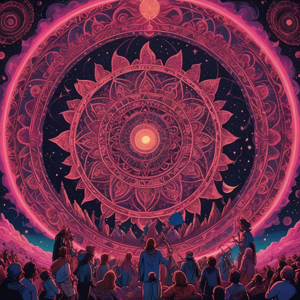 Psychedelic Rock Band Under Moonlight in Neon Colors