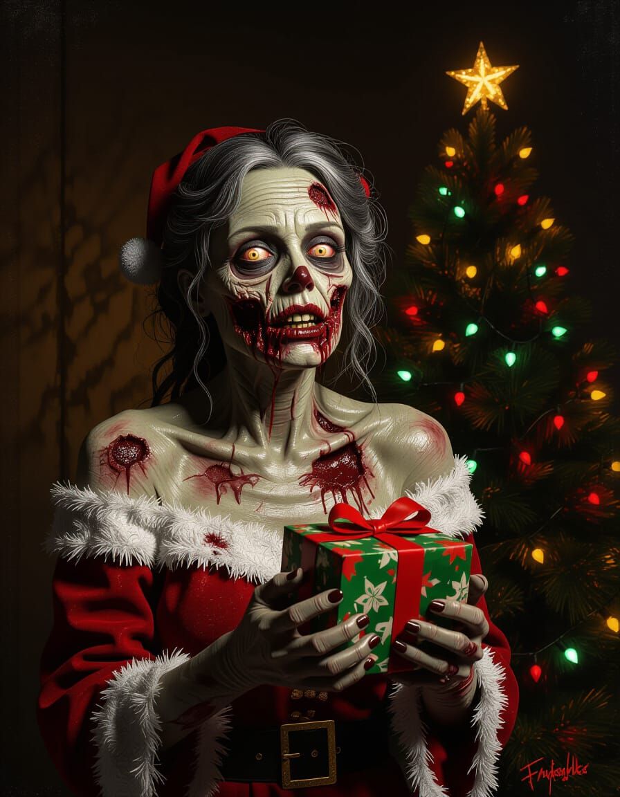 Zombie Offers Gnawed Gift Amidst Macabre Holiday Scene