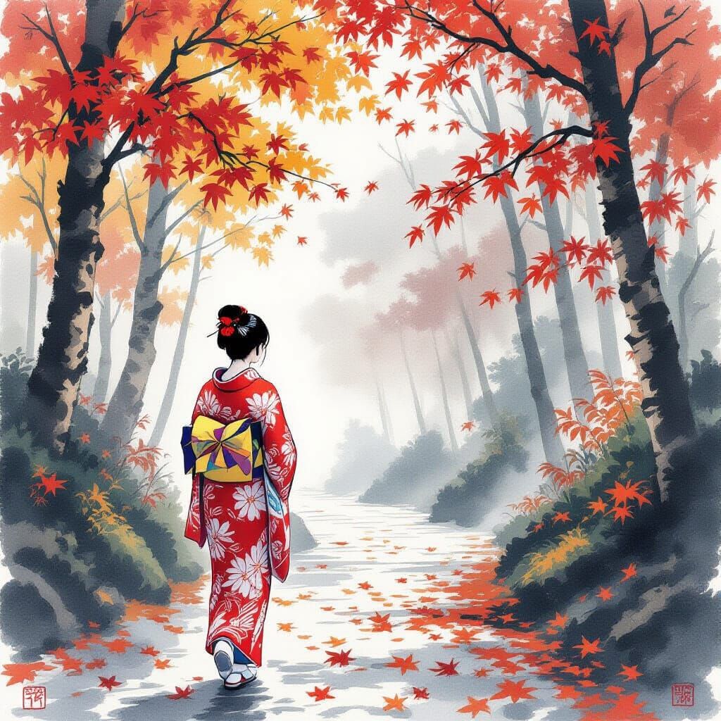 Woman in Kimono Under Autumn Trees, Ukiyo-e Style