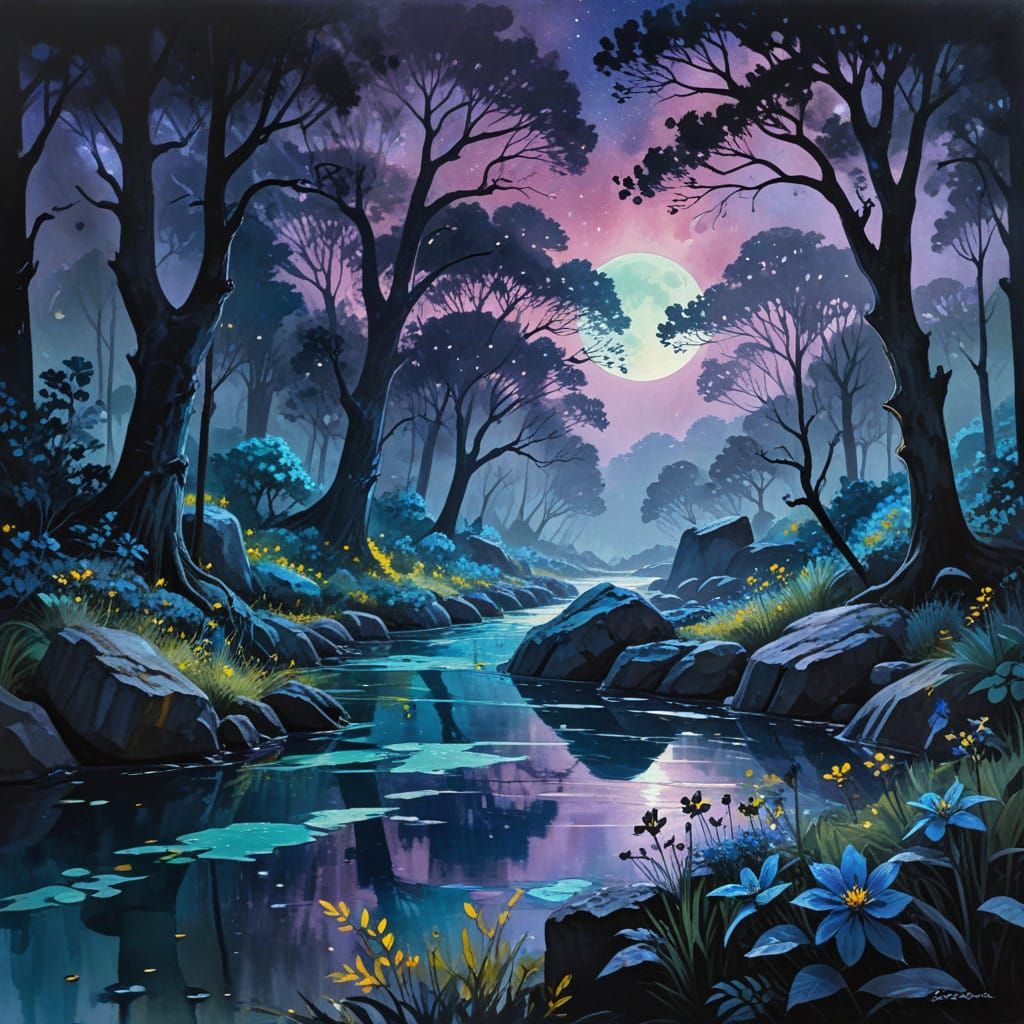 Ethereal Gouache Landscape of Ancient Forest Hot Springs