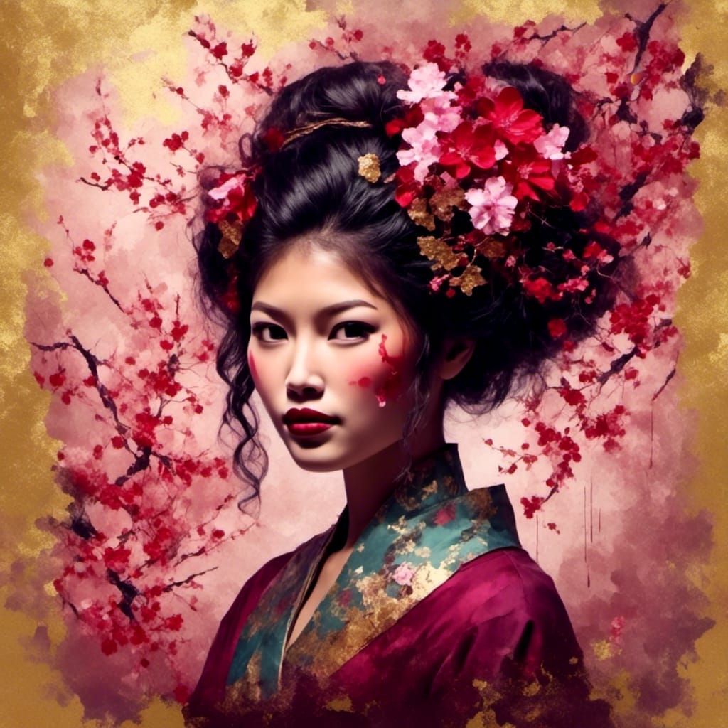 Gothic Geisha with Cherry Blossoms on Gold Foil