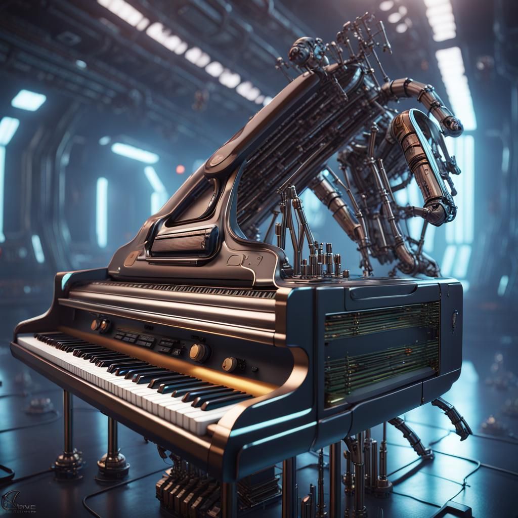 Organic Piano Played by Robots in Cyberpunk City