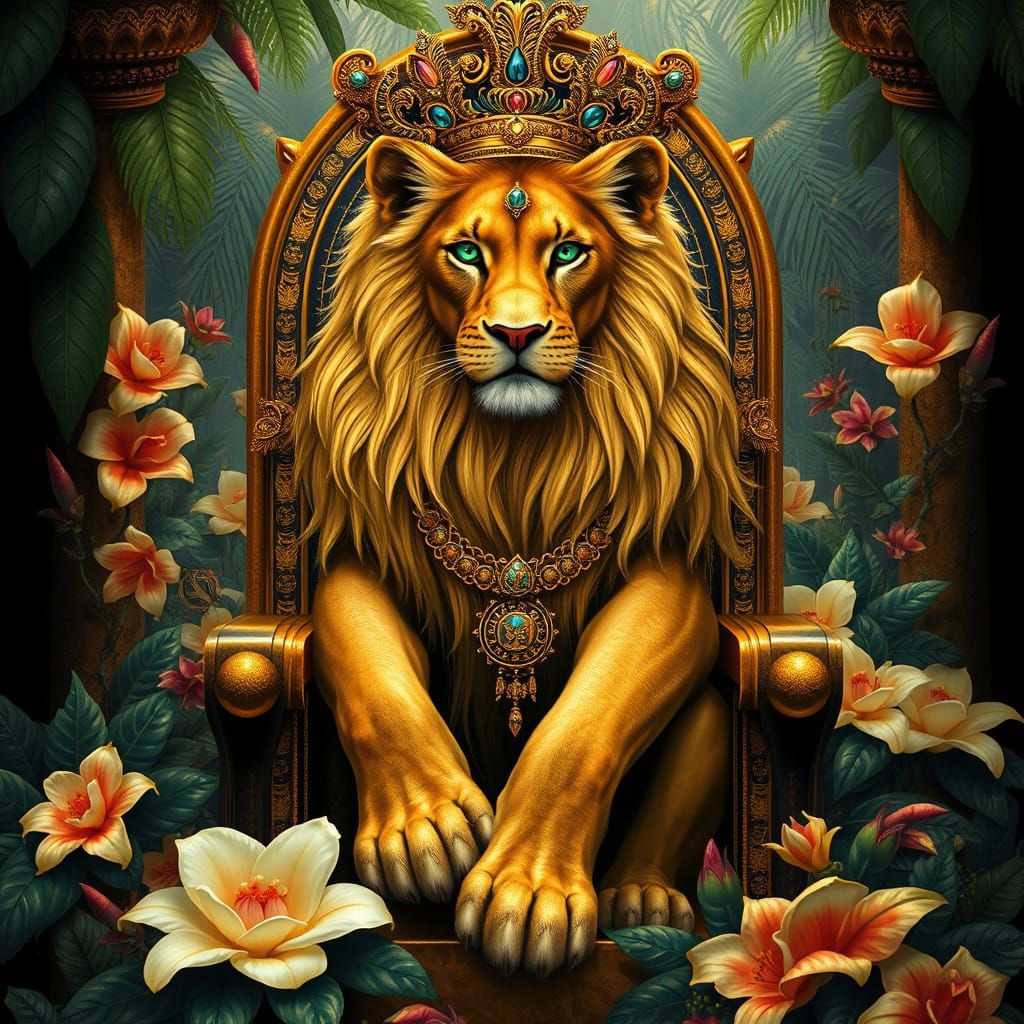 Lioness Queen in Jungle Temple, Art Nouveau Style