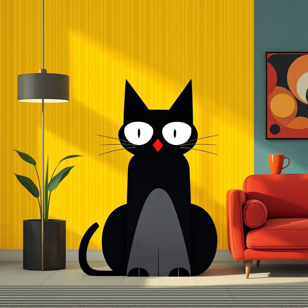 Geometric Cat in Retro Chic Interior