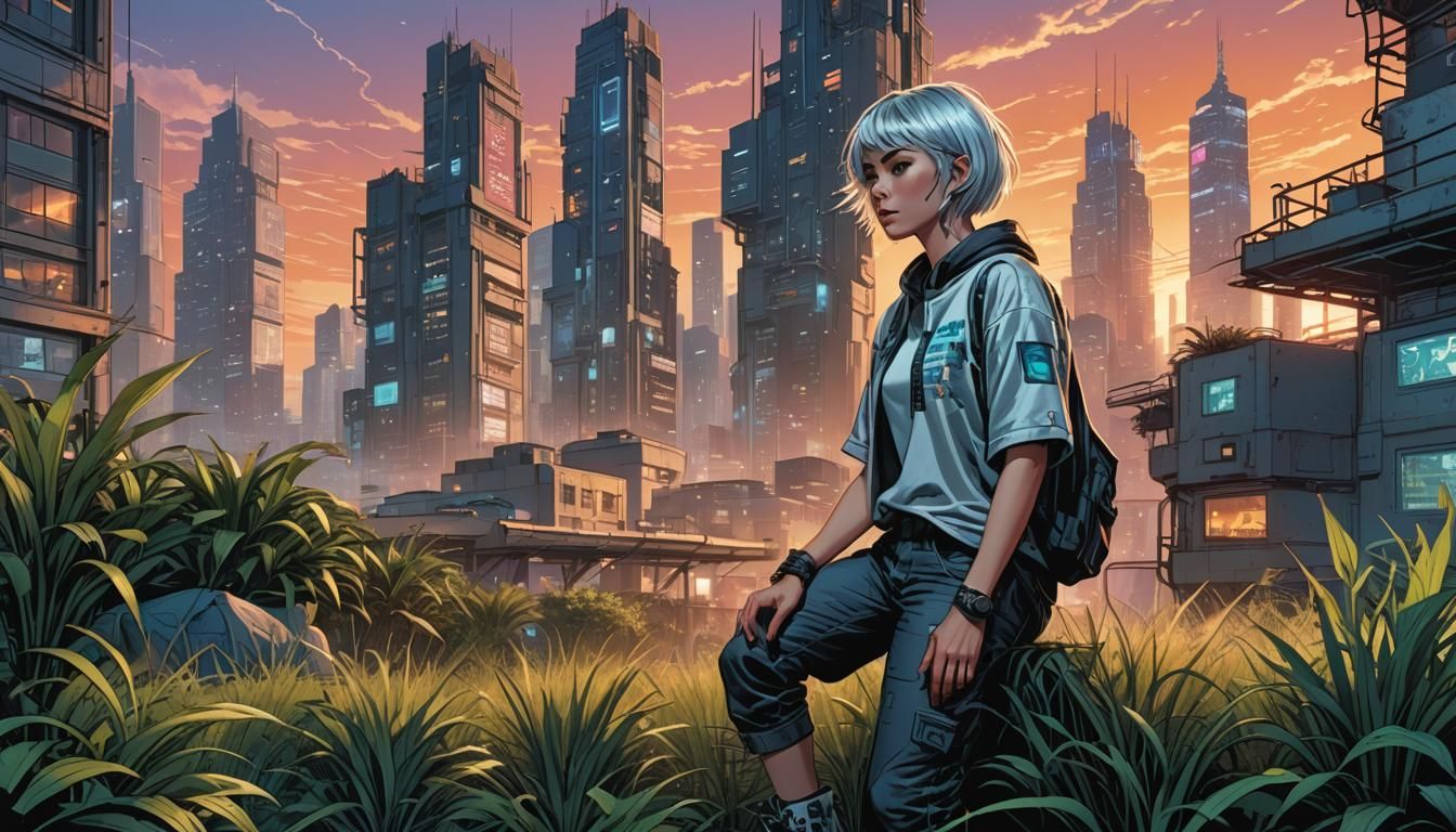 Cyberpunk Penthouse View of Woman at Sunset