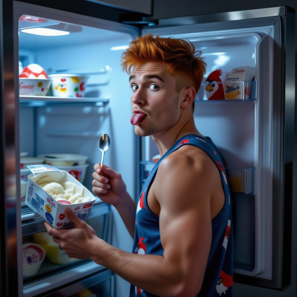 Playful Russian Man with Ice Cream in Photorealistic Style