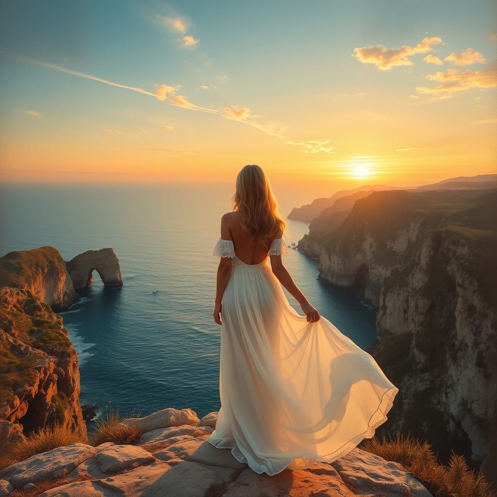 Woman on Cliff at Sunset in Romantic Landscape