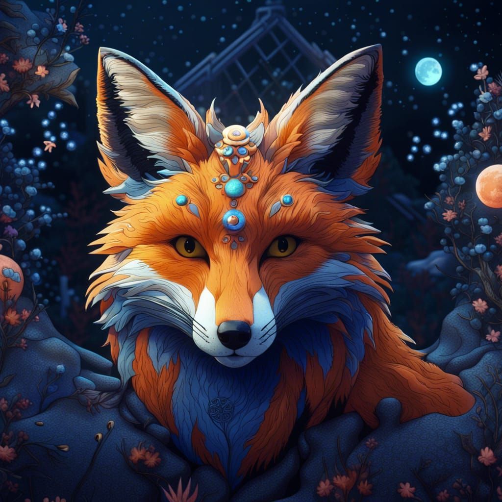 Starry-Eyed Fox on the Moon: Fantasy Concept Art