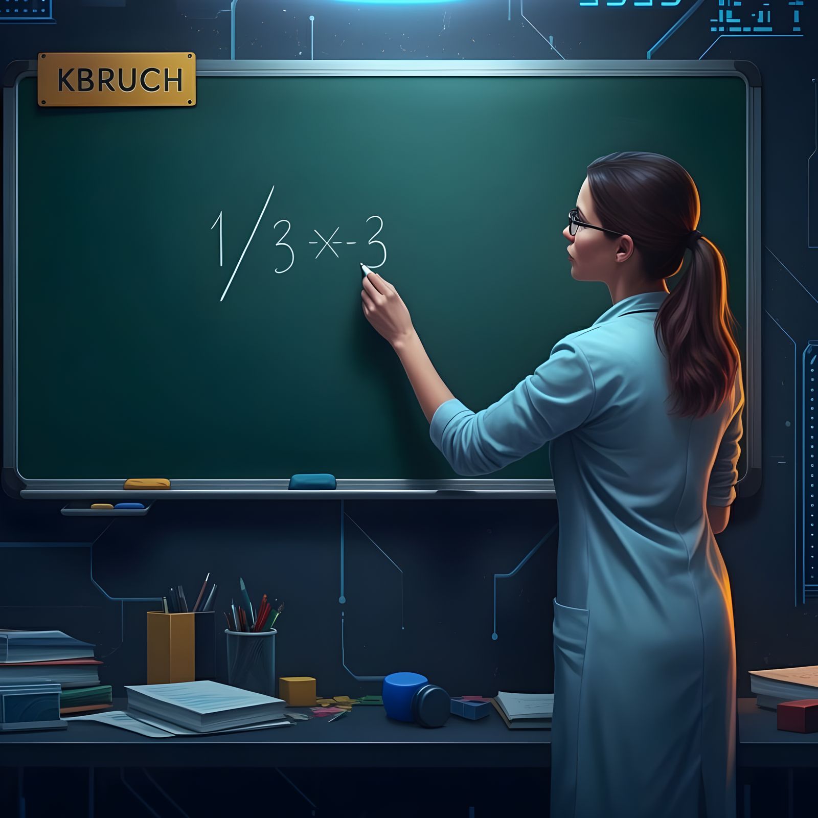 Teacher in a Futuristic Virtual Classroom Writes Math Proble...