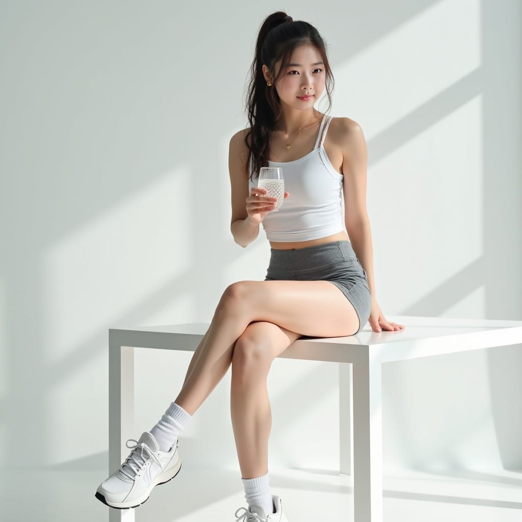 Realistic Portrait of Athletic East Asian Woman in Studio