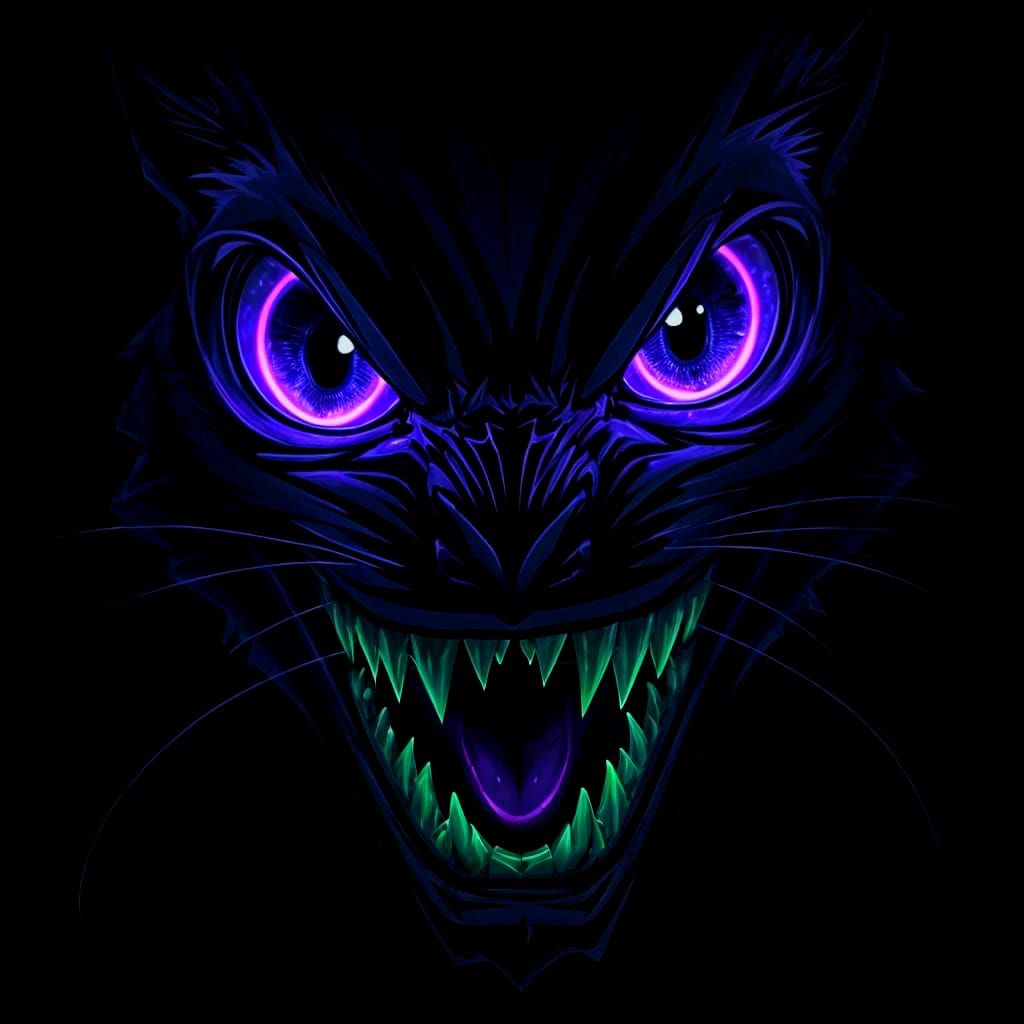 Glowing Violet Eyes Reveal Sharp Green Teeth in Darkened Man...