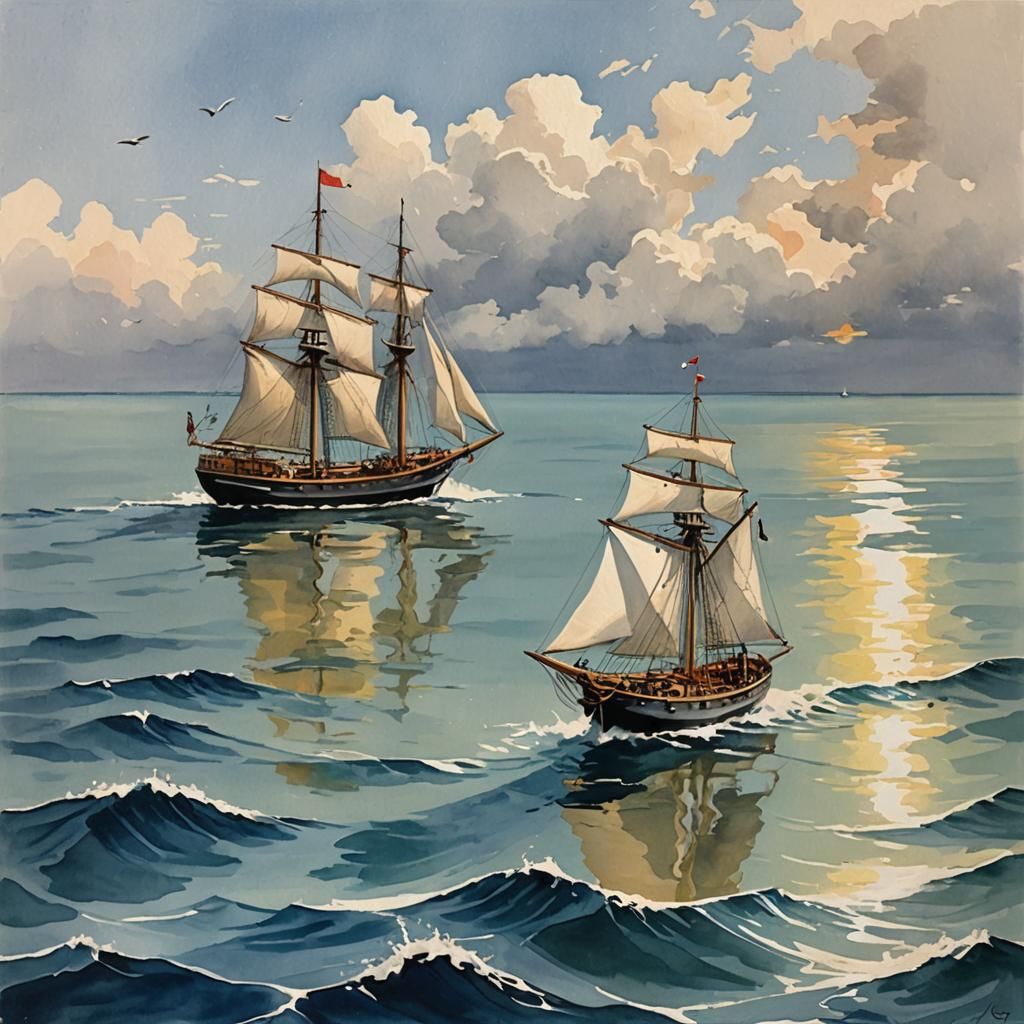 Gouache Painting of Two Ships Sailing on Sea