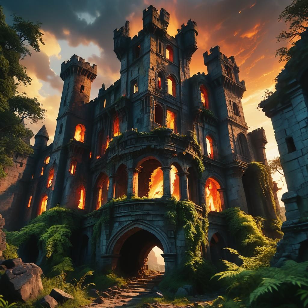 Majestic Castle Ruin Under Fiery Sky: Digital Matte Painting