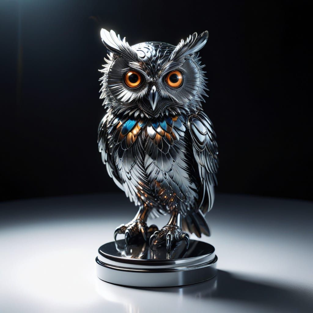Chrome Owl Sculpture in Reflective Metallic Style