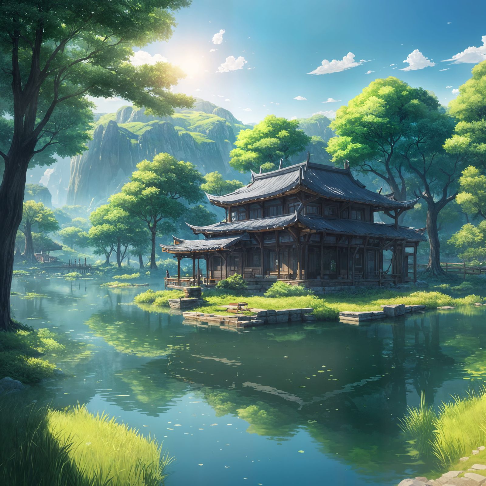 Serene Lake Scene in 3D Anime Art Style