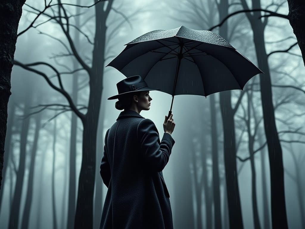 Ethereal Film Noir Landscape of a Woman Walking into Mystica...