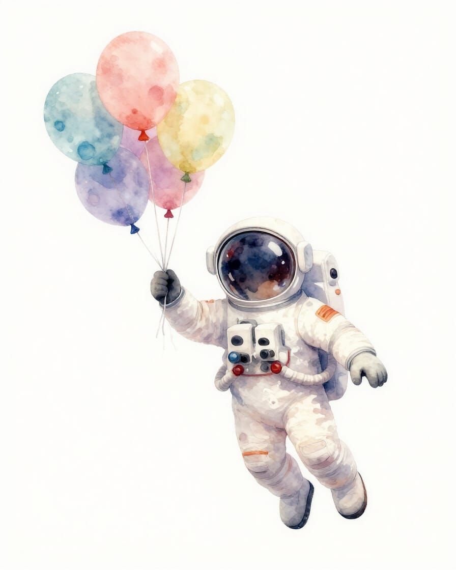 Astronaut Floating With Pastel Balloons in Dreamy Watercolor...