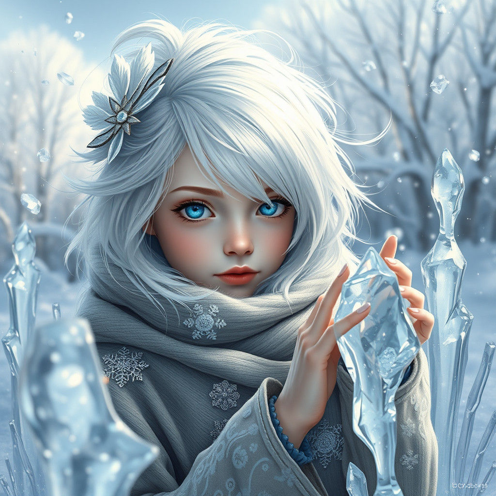 Icy Garden: Girl with Silver Hair in Street Art Style
