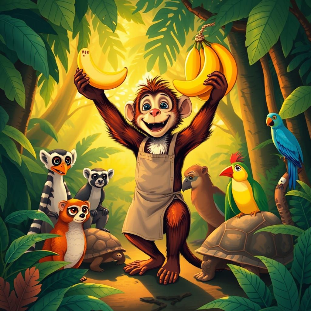 Whimsical Jungle Market Scene with a Charismatic Monkey