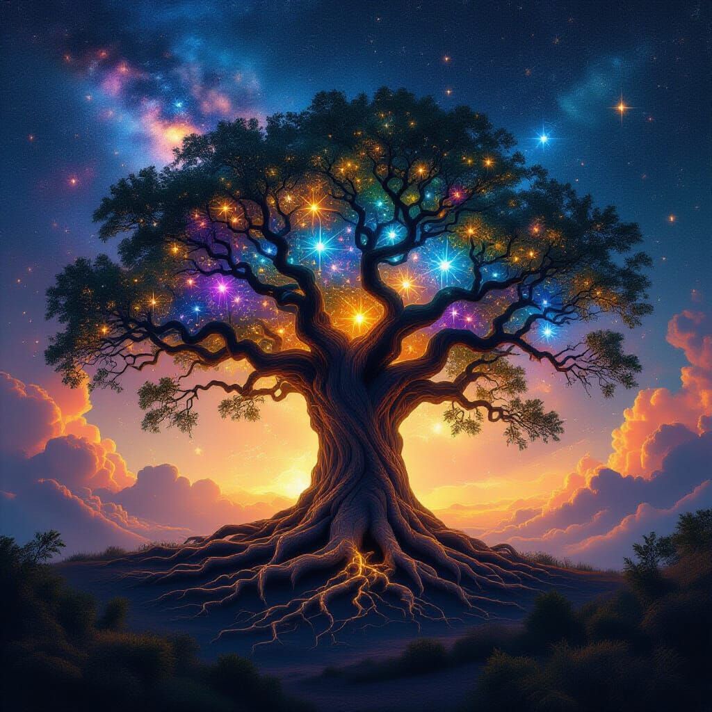 Cosmic Tree with Constellations in Surreal Style