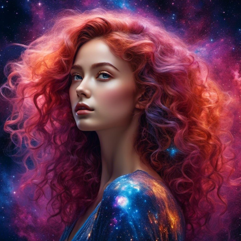 Woman with Galaxy Hair Portrait in Fantasy Style