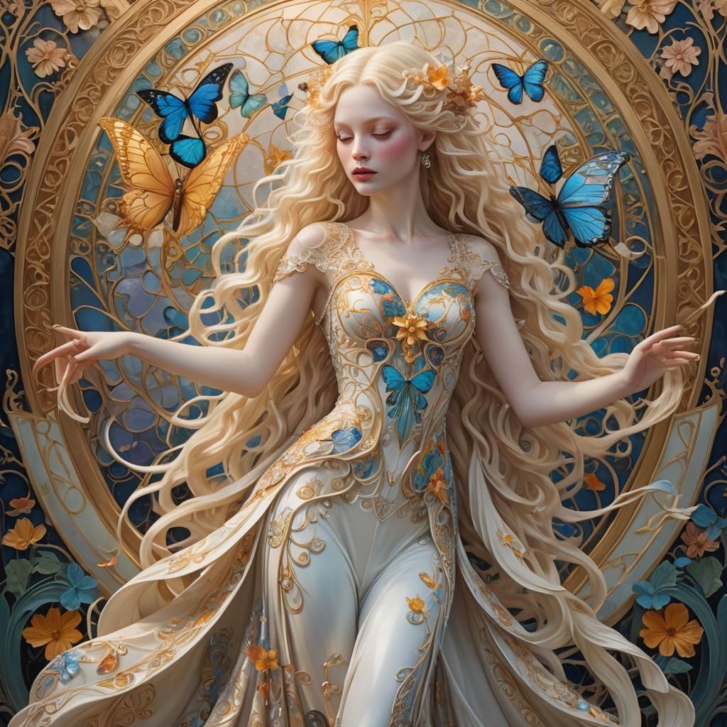 Albino Model with Butterfly in Art Nouveau Style