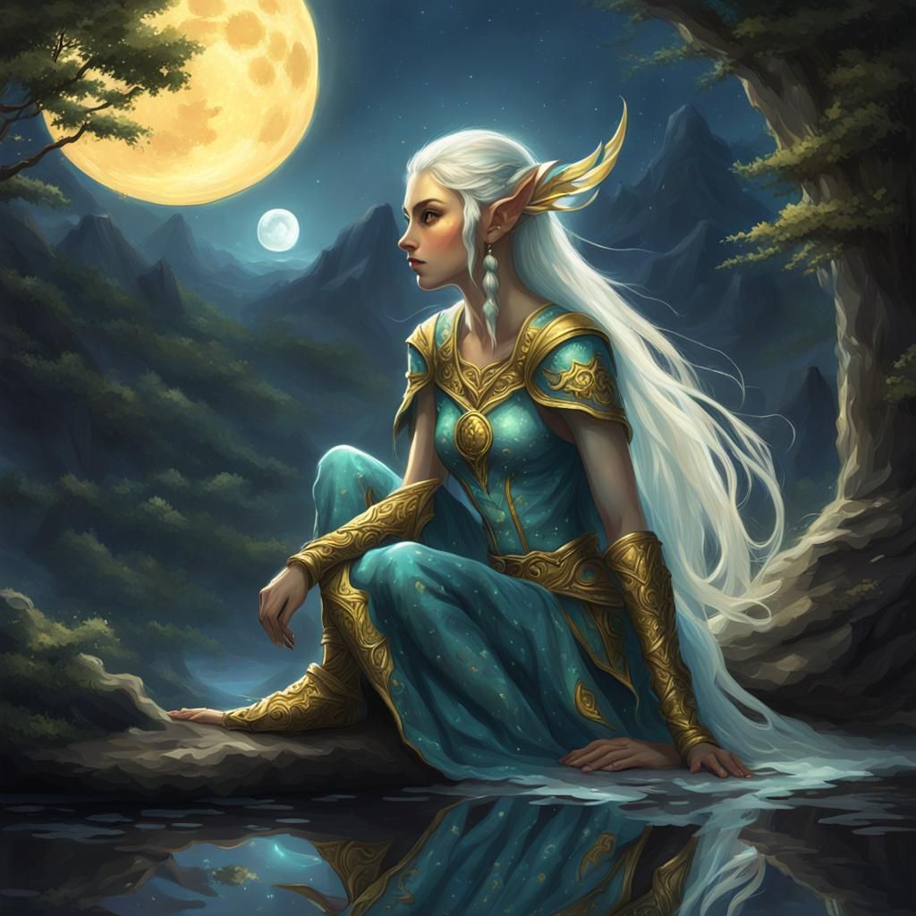 Radiant Moon Elf Gazing at Reflection as Painting