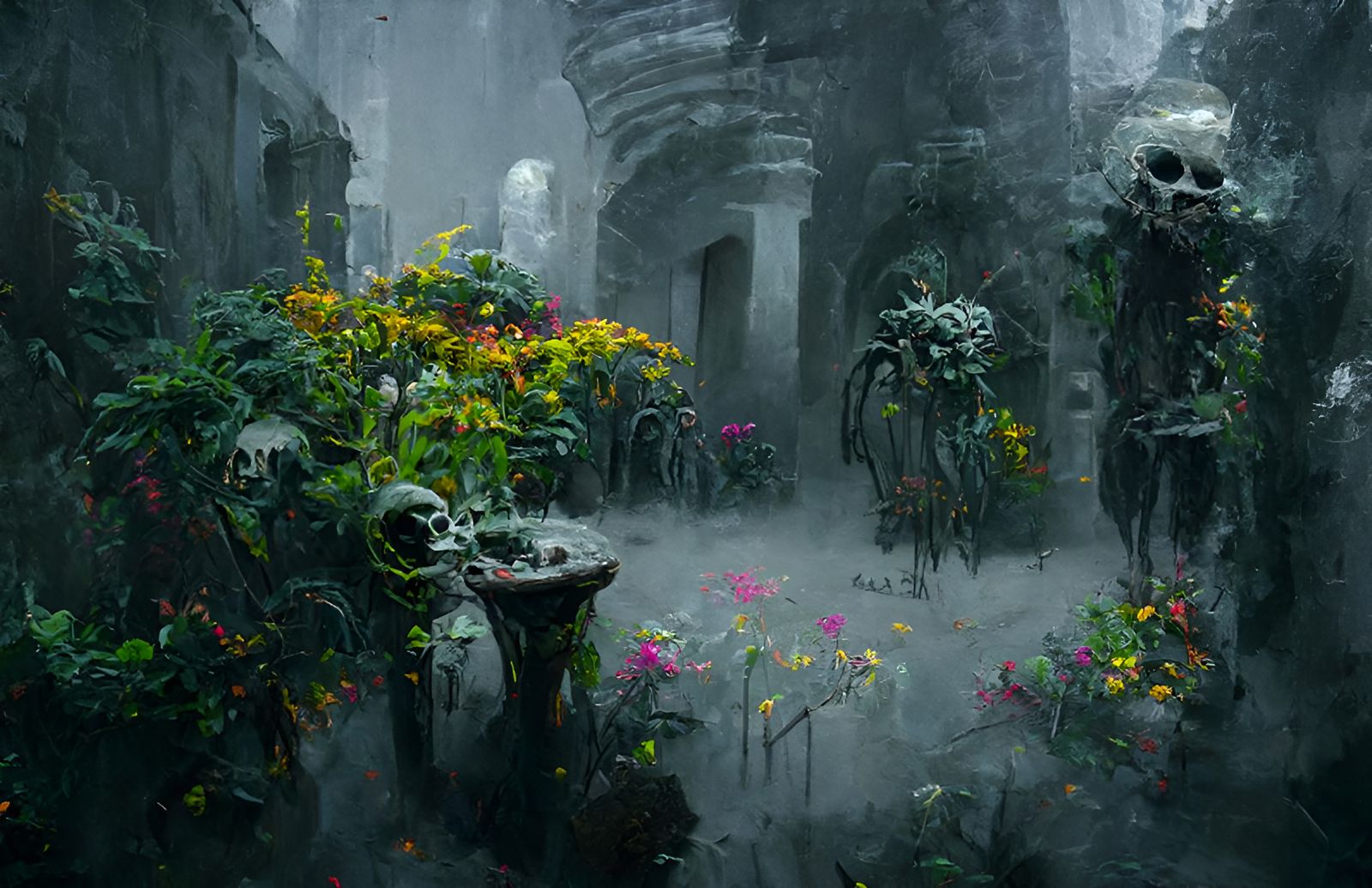 Ominous Botanical Courtyard with Exotic Plants
