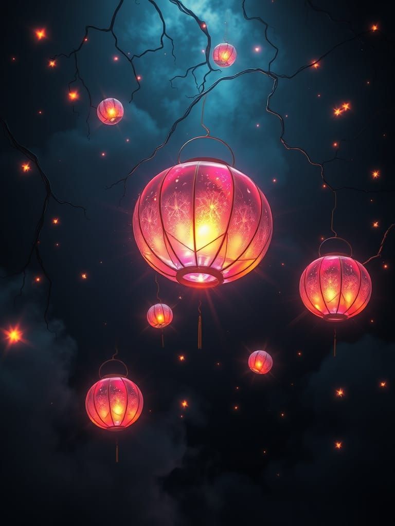 Bioluminescent Celestial Lanterns in Dreamlike Mist
